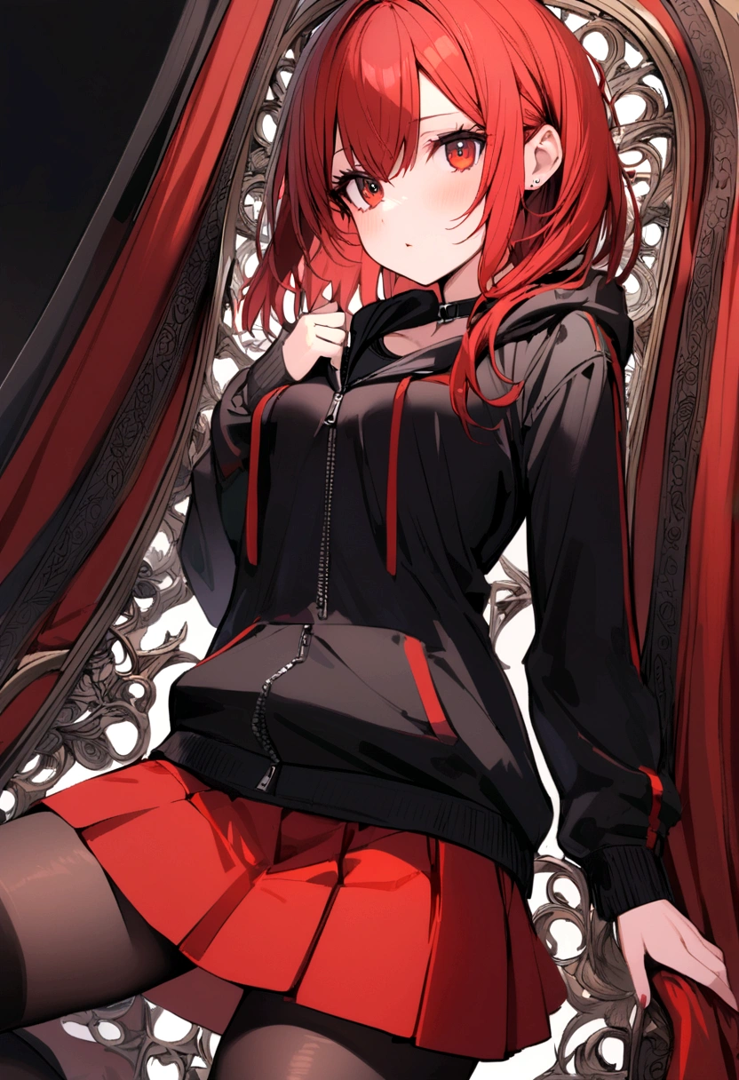A girl with a red skirt with a second under skirt in black red stockings with the top black red zip up hoody with a black undershirt red hair and eyes