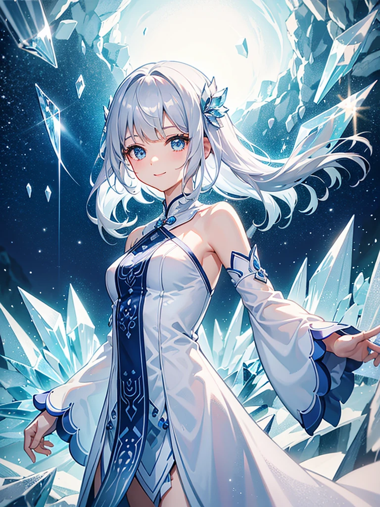 A quiet and cool place，Full of dreamy atmosphere，Everything is made of crystal，只有一個girl是活的，She looked at the environment，A natural smile appeared on his face，
((Crystallization))，girl，solo，silver hair，Eye color，Fashionable clothing