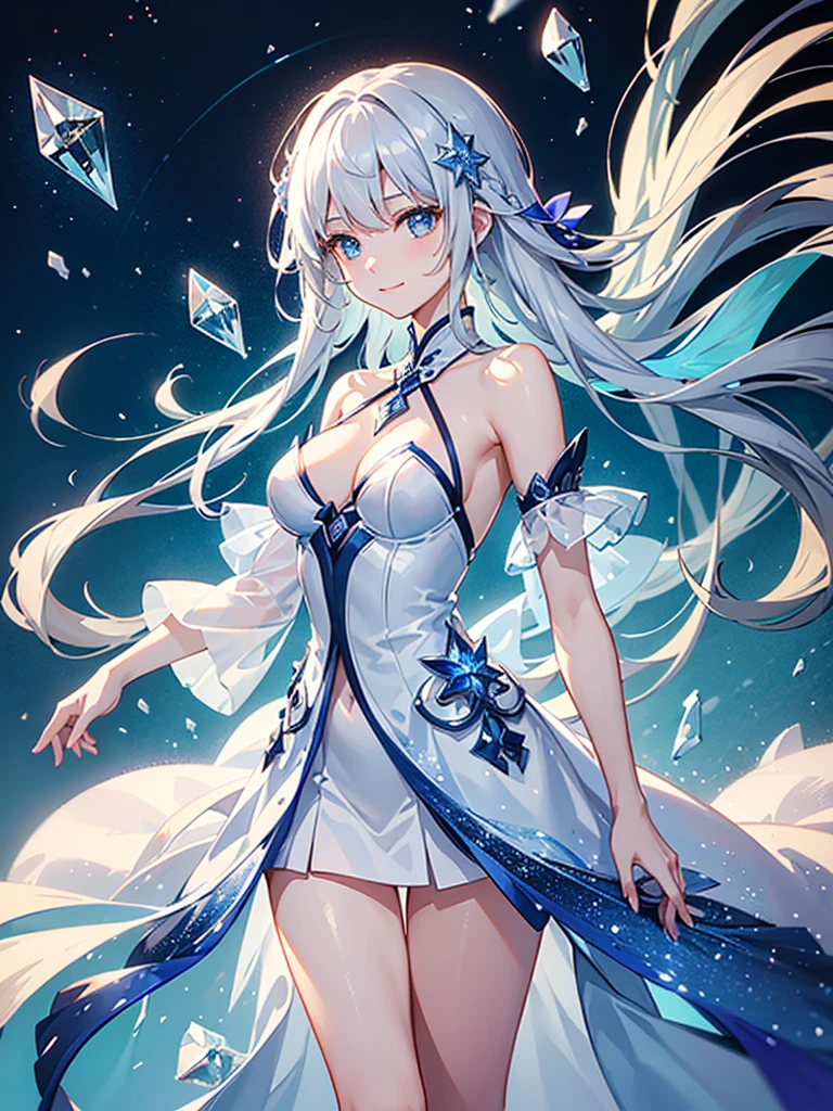 A quiet and cool place,Full of dreamy atmosphere,Everything is made of crystal,只有一個girl是活的,She looked at the environment,A natural smile appeared on his face,
((Crystallization)),girl,solo,silver hair,Eye color,Fashionable clothing