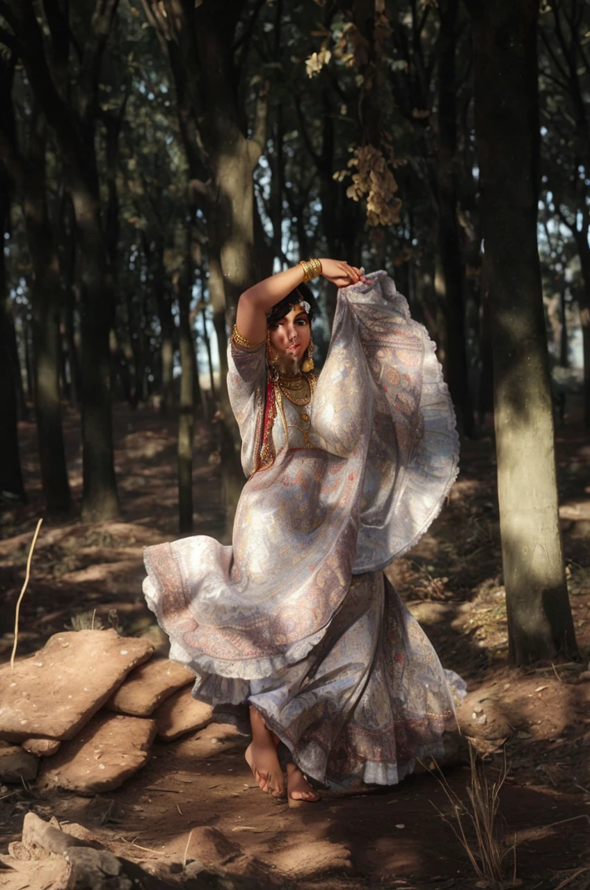 Gypsy woman dancing with Hindu features with lots of gold in her arms 