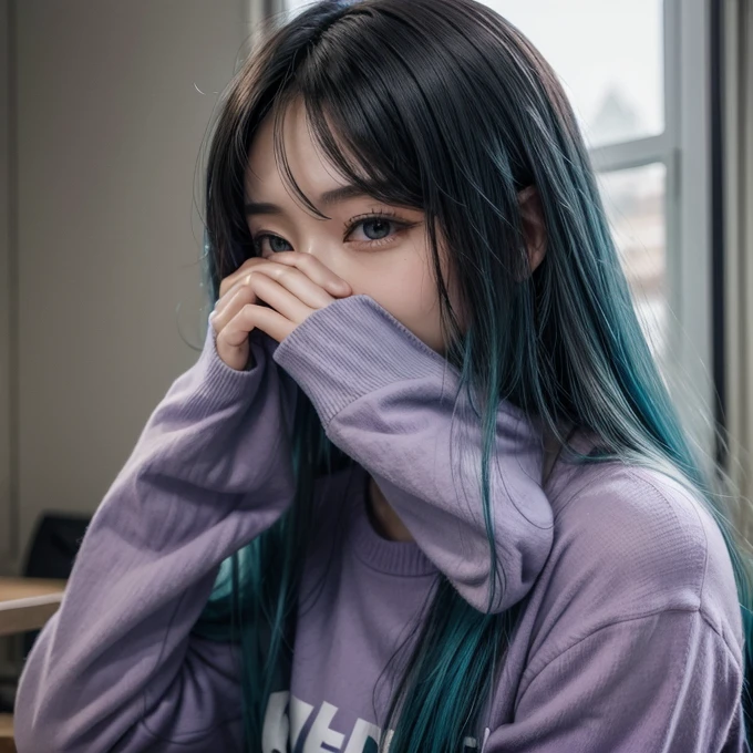 Woman, long cyan hair, one wing covering her face, purple clothes