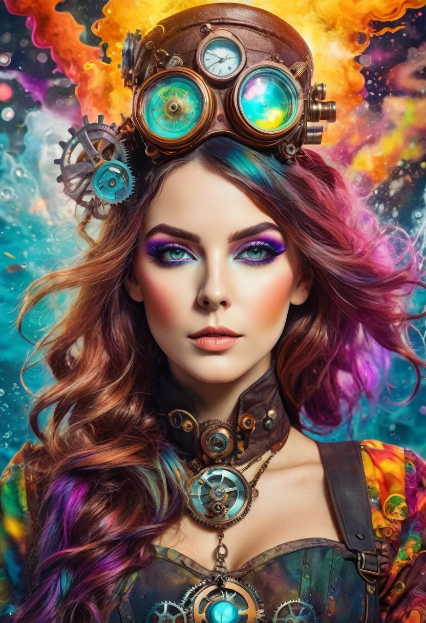 A beautiful portrait of steampunk and psychedelic women with beautiful colors and in the background explosions of water of mixed colors