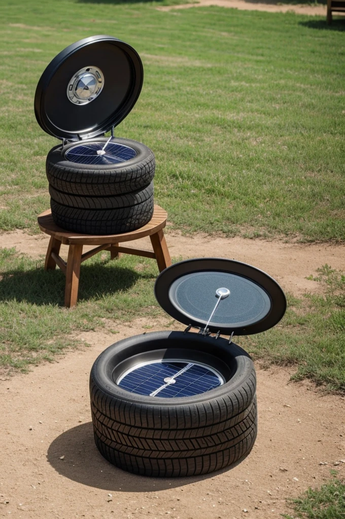 Create a solar stove made with a tire and inside it has a plate with water being measured by a thermometer and a glass on the tire