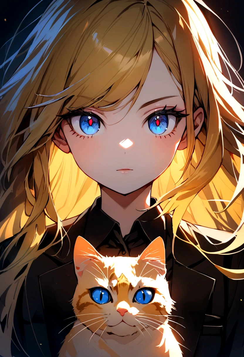 (Highest quality)(detailed)(1 teenage girl,single,long hair,golden hair,blue eyes ,Black suit shirt,Turn to look at the viewer,with guardian cat)