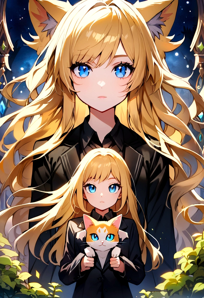 (Highest quality)(detailed)(1 teenage girl,single,long hair,golden hair,blue eyes ,Black suit shirt,Turn to look at the viewer,with guardian cat)