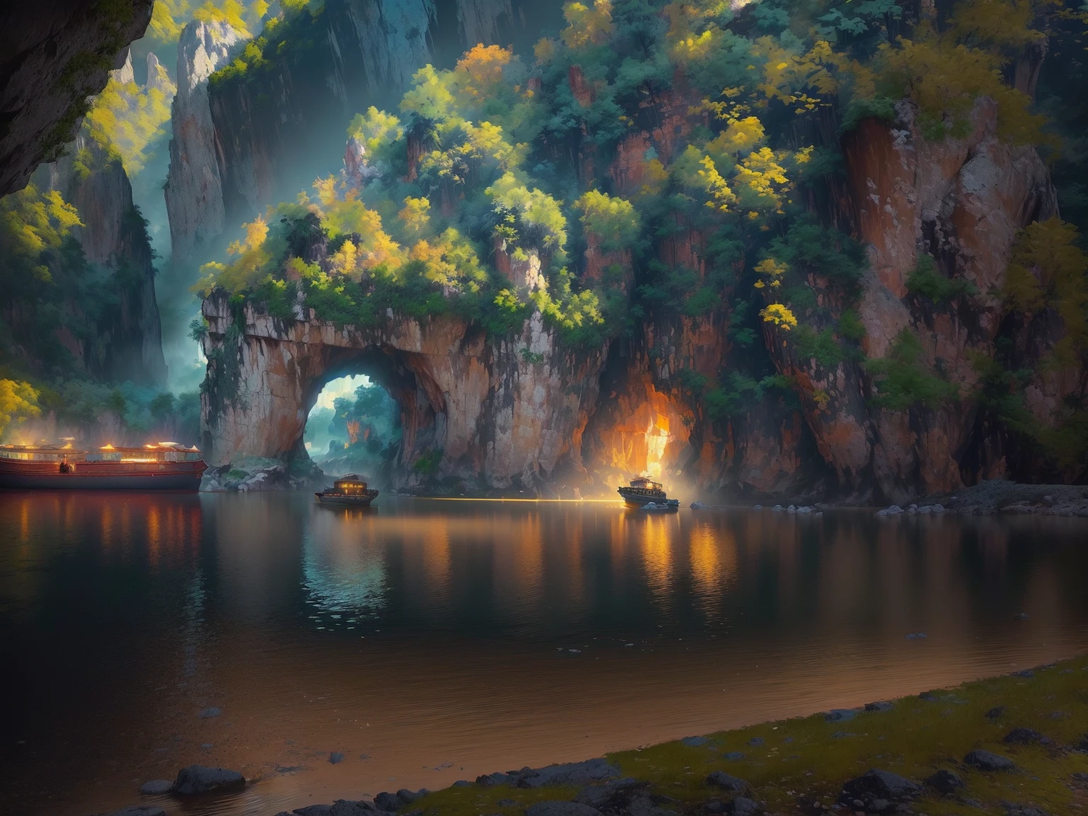 beautiful scenic landscape of guilin mountains and rivers, karst rock formations, limestone cliffs, boat floating on still water, cave entrance leading into dark cavern, dramatic stone arches, lush vegetation, wide angle shot, highly detailed, photorealistic, 8k, award winning landscape photography, cinematic lighting, vivid colors, dramatic shadows, glowing atmosphere