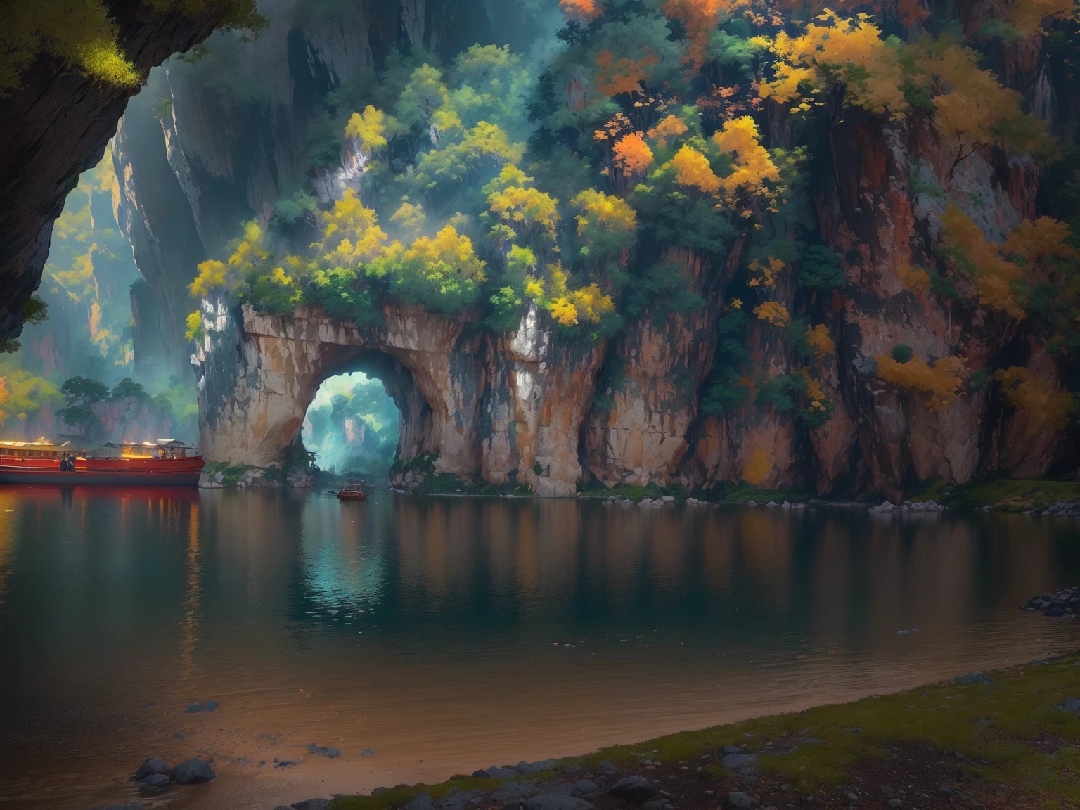 beautiful scenic landscape of guilin mountains and rivers, karst rock formations, limestone cliffs, boat floating on still water, cave entrance leading into dark cavern, dramatic stone arches, lush vegetation, wide angle shot, highly detailed, photorealistic, 8k, award winning landscape photography, cinematic lighting, vivid colors, dramatic shadows, glowing atmosphere