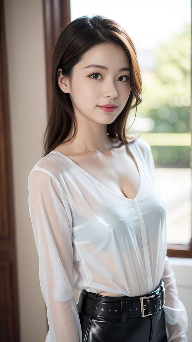16K, RAW photos, Top quality, masterpiece: 1.2, Practical, photoPractical: 1.37, A girl, Lovely, Green Park, Background blur, Natural light, Photon Mapping, Radiosity, Physically Based Rendering, Gradient dark brown hair, Long curly hair, Handsome, Girlish feeling, White ball set, Excellent image quality, high resolution, 1080p, Clear face, Detailed facial description, Detailed hand description, Exquisite CG, Extreme Light and Shadow, Messy hair, Rich details, Exquisite facial features, Best image quality, Attention to detail, Looking forward to your sight, Delicate clavicle, Glowing skin, Shiny leather shirt, belt, Shiny leather mini skirt, Full body image,