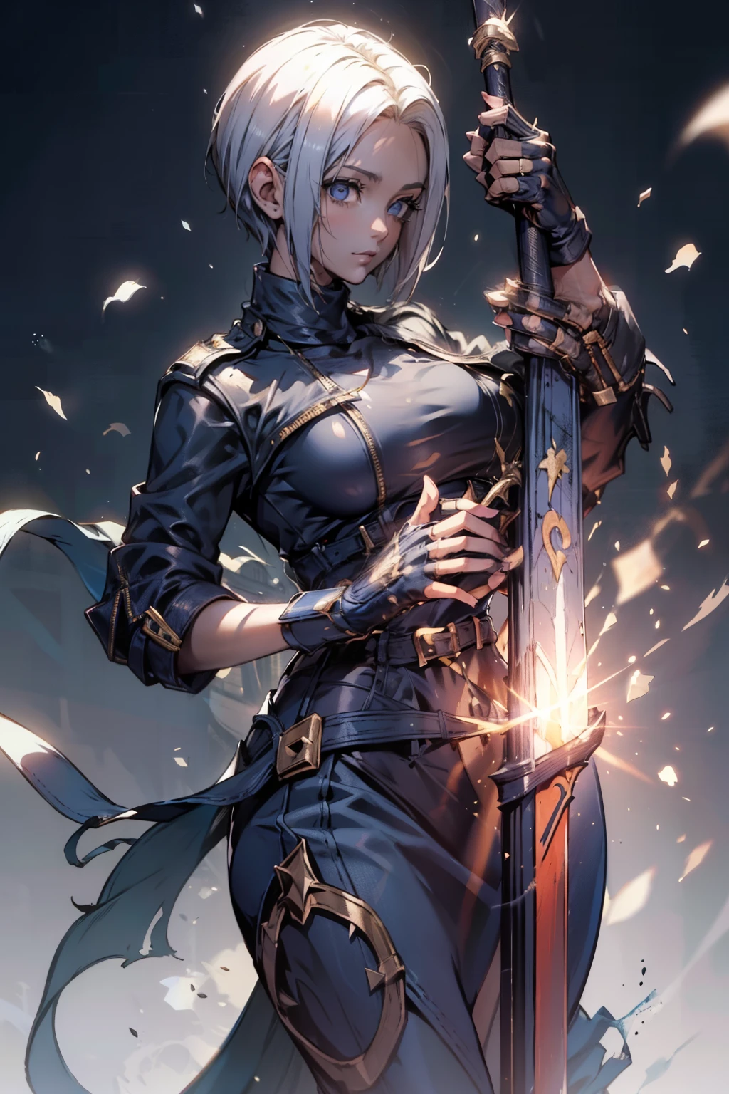 Parte superior del cuerpo, 1girl, (AngelMS:1.4), senos grandes, bragas, diafragma, Lado opuesto, Mirando al espectador, (escote), chaqueta recortada, holding a ultra long divine sword, ultra detailed divine sword