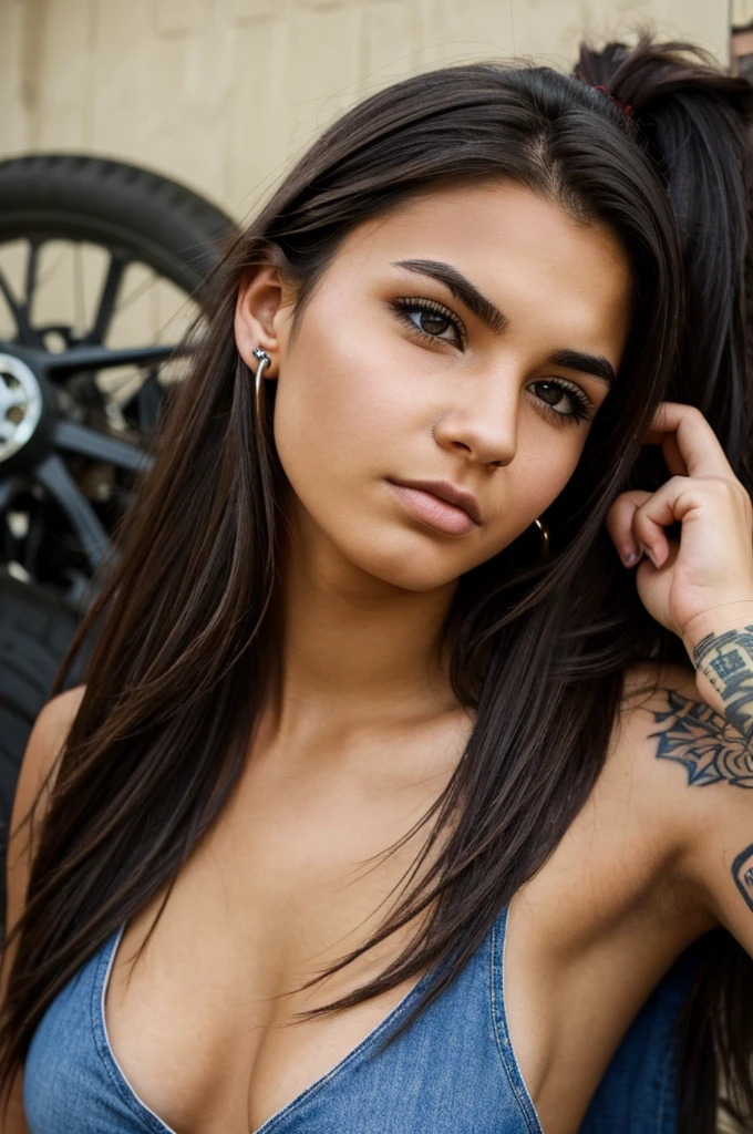 A tough-looking college-age girl with dark brown messy hair, and fair skin, has a nose piercing, an eyebrow piercing, three ear piercings in both ears, tattoos on her arm, and works as a mechanic