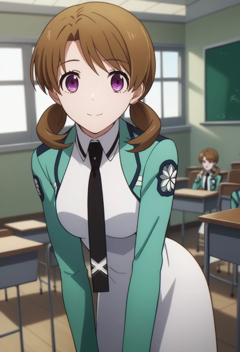 score_9, score_8_up, score_7_up, source_anime,
honokamitsui, honoka mitsui, bangs, brown hair, twintails, purple eyes, low twintails,
long sleeves, dress, , pantyhose, necktie, white dress, black necktie,
indoors, classroom, bent over, smile,
solo, dutch angle, looking at viewer, cowboy shot,