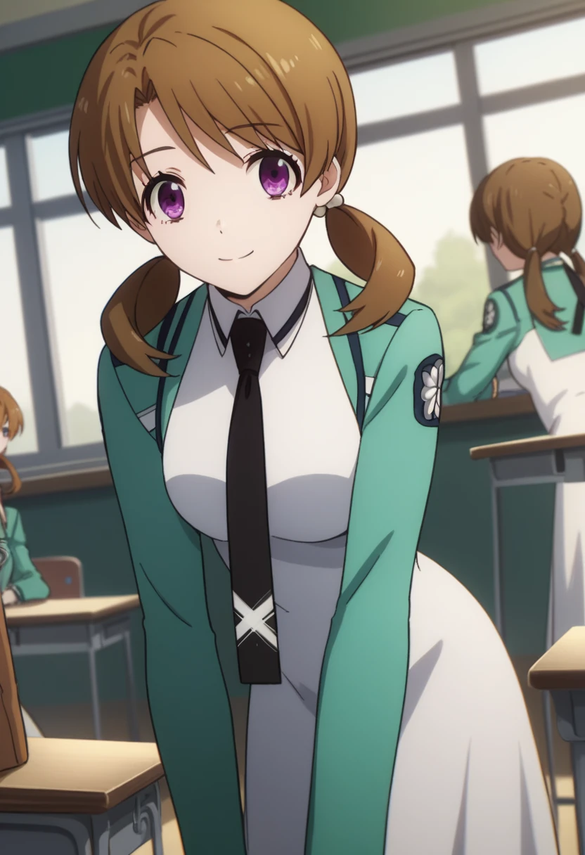 score_9, score_8_up, score_7_up, source_anime,
honokamitsui, honoka mitsui, bangs, brown hair, twintails, purple eyes, low twintails,
long sleeves, dress, , pantyhose, necktie, white dress, black necktie,
indoors, classroom, bent over, smile,
solo, dutch angle, looking at viewer, cowboy shot,
