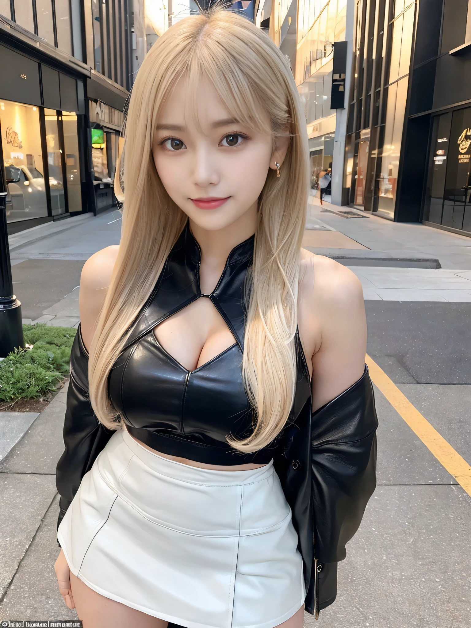 (Full Body Shot:1.3),( Masterpiece, Highest quality), 98k, ((Perfect Anatomy:1.2)),Beautiful Japanese Women, Succubus,(One person:1.3), 20-year-old, Small face,(Cute face:1.2),Smiling, Larger breasts, ,Beautiful and detailed eyes, Evenly spaced eyes 1.2, long platinum blonde hair,(Random Hairstyles), (Highly detailed face and skin texture), Beautiful face in golden proportions,White skin,(Black leather mini skirt:1.2),(Random sexy poses:1.2)、(Expose the valley:1.3),(Exposing your thighs:1.2),Gal Makeup,Halter neck