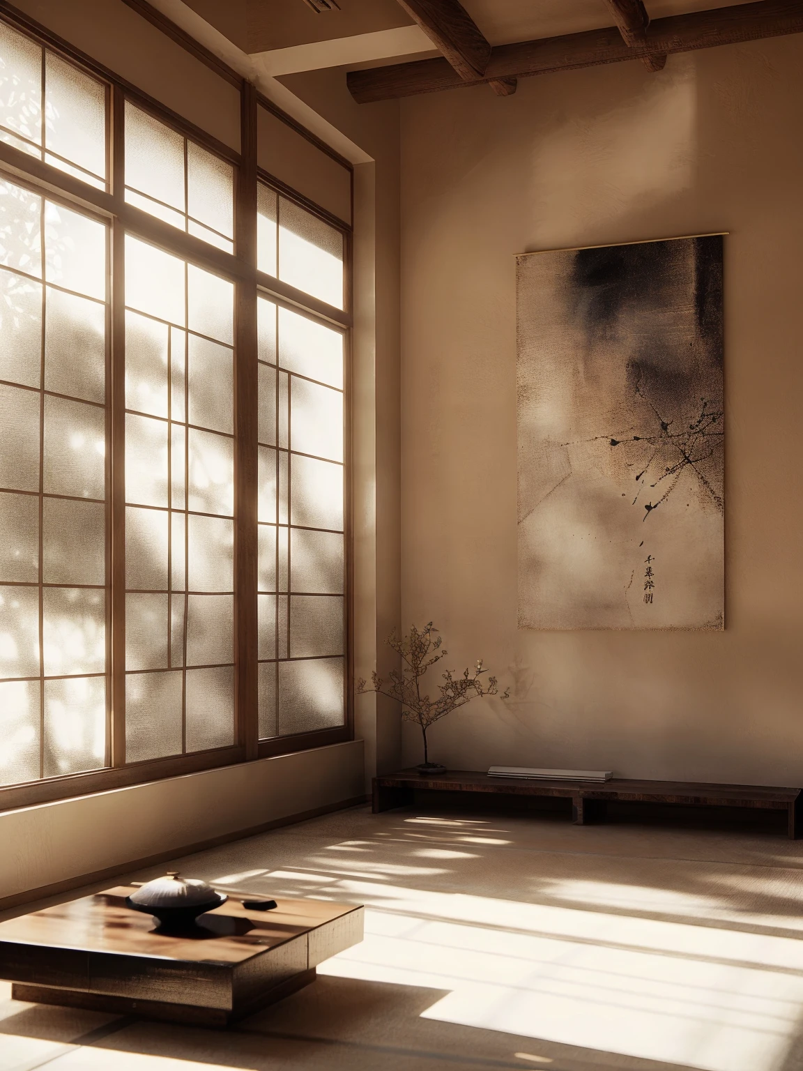 There is a room,There is a table and a window inside,There is a painting on it, Hashiguchi Goyo (Goyō Hashiguchi) of inspiration, Inspired by Mitsunobu Kano, Inspired by the Kanada Heart, japanese inspired, with japanese inspired, modern japanese living room, Inspired by Dongyang Sesshu, Japanese style