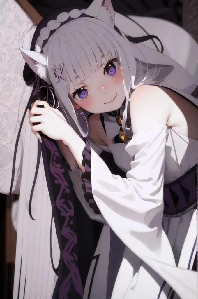 masterpiece, 1 Girl,Blue long hair,Cat ear,Shy expression,Heart-type pupils,
White dress, Separate collar, Wide sleeves, X Hair Accessories, Flowering, Headband, White thigh boots, cleveage, Purple ruffles, Wrinkles_blue_Skirt sitting on the grass, Keep your arms at your sides,
Looking at the audience, (Smile:1.2), blush, from above,