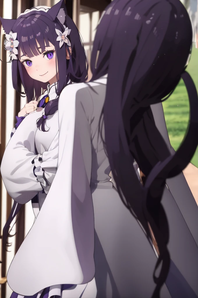 masterpiece, 1 Girl,Blue long hair,Cat ear,Shy expression,Heart-type pupils,
White dress, Separate collar, Wide sleeves, X Hair Accessories, Flowering, Headband, White thigh boots, cleveage, Purple ruffles, Wrinkles_blue_Skirt sitting on the grass, Keep your arms at your sides,
Looking at the audience, (Smile:1.2), blush, from above,