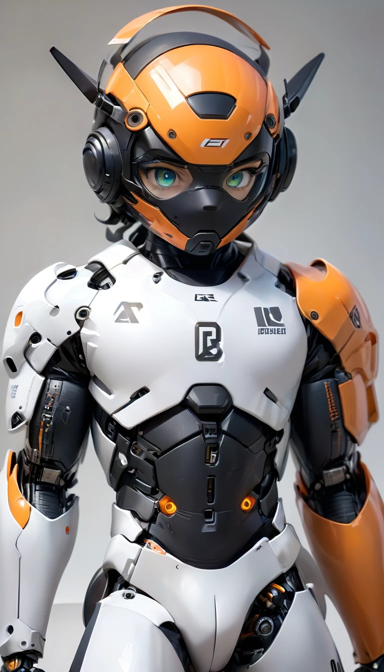 make a picture of an A.I robot with a short stature, like a , a male AI type, an orange and black A.I robot wearing a helmet covering part of its face, body position straight facing the camera, showing the entire body black and orange legs, plain white background, The A.I robot has a cute character with a smiling expression. Realistic, futuristic, funny, 3D, 8K