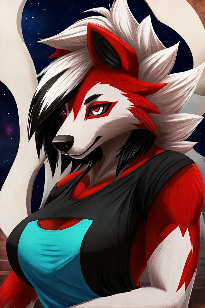 Ojo detallado,ojo rojo,black circle in the eye, ojo de perro), ROMPER,medianoche lycanroc, usa falda negra y camiseta negra, ver en el espectador, Vista enfocada