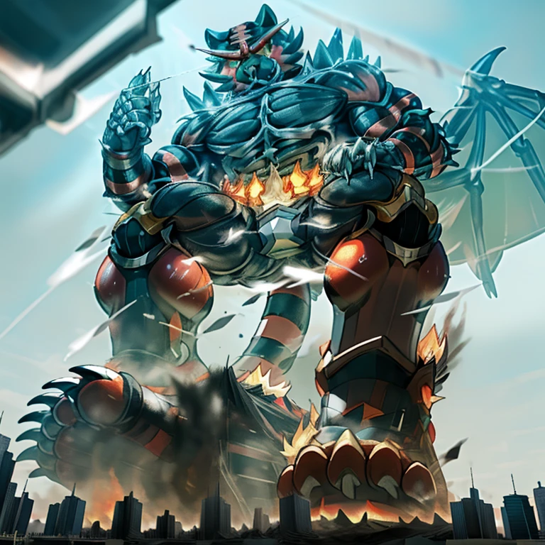 (masterpiece. official art. 8k. best quality. detailed full body. full body.)
(situation 1 : dominating Incineroar. focus GIANT mechanical Muscular Incineroar is trampling the CITY. macro. stomp. Low-angle perspective. emphasizing the immense size. The perspective is from below, emphasizing the sheer majesty and power of the Giant. giant art. He is much bigger than a skyscraper. Giga Giants. micro soccer field. looking down.)

(situation 2 :smoke and flames rising from the destruction in the city)

(Additional details 1: wearing a full-face helmet. helmet is jet black. The color of NANOSUIT is jet black. high-tech bio-mecha armor. real texture material. whole body shines like metal. Wearing cyberpunk mecha. emphasizes the muscles. suit fully made of metal. intricate armor. Robotic suit. suit fully made of metal. NANOSUIT with the same design as Incineroar.).

(Additional details 2: (Detailed head. Detailed Body. Detailed abs. gigantic muscles. HYPER MUSCLES. Gigachad Muscular. big muscle. pecs. triceps. traps. unusually developed muscular body. body full of huge muscles. showing off muscles. pectorales enormes. Exaggeratedly huge muscles. huge muscles. long legs.).

(Additional details 3: nj5furry, Spread wings. It has wings. black have big wings. The claws are sharp. ).  (Incineroar has 5 toes.)