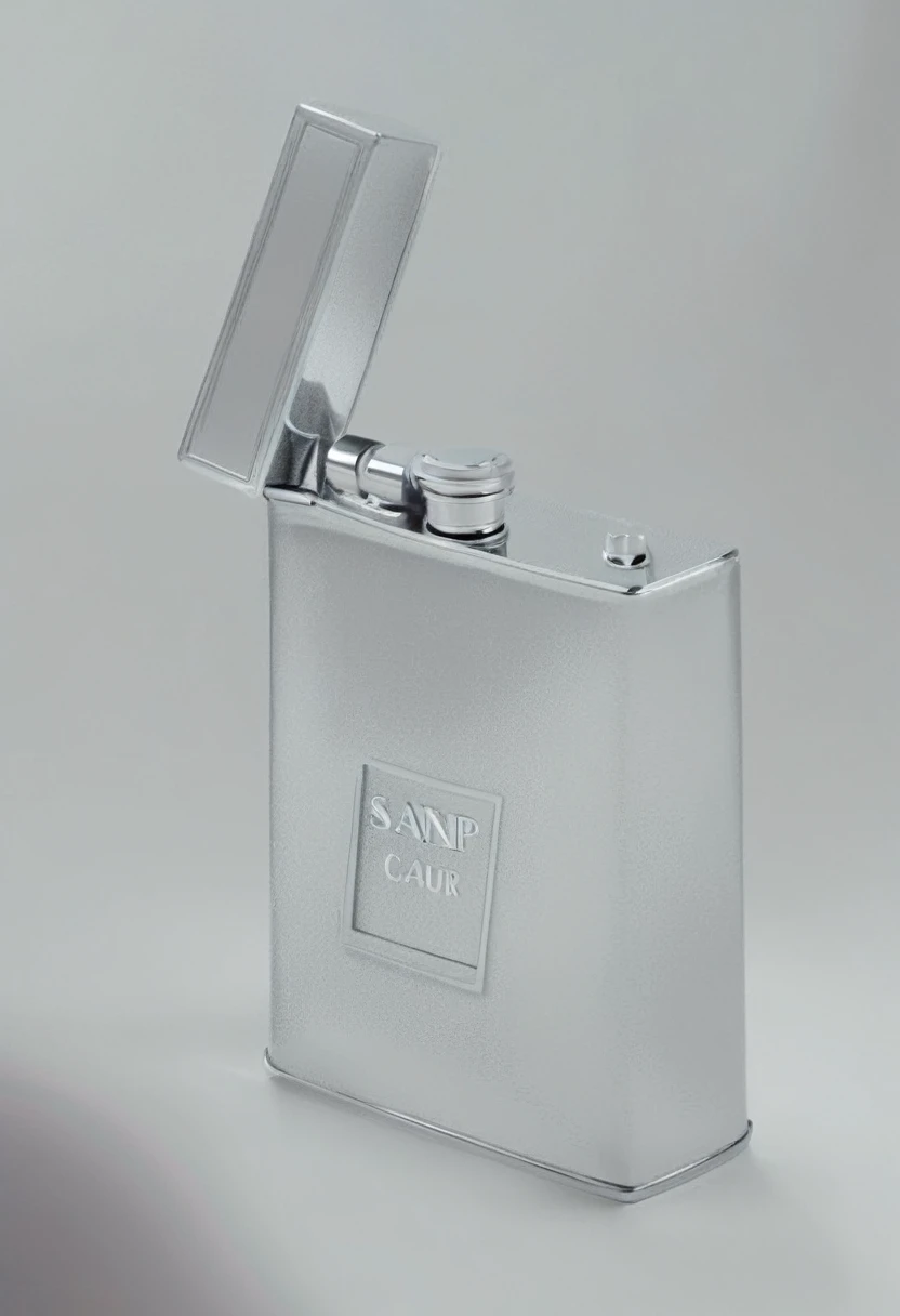 I would like an ultra-realistic image of a black perfume with a shape based on a pocket lighter as shown in the image, the bottle will be aluminum, and with the spray bottle in place of the flame mechanism, add a background that combines with a noir look, and preserve a logo that has the letters "SNP" on it please. the image must be of a perfume.