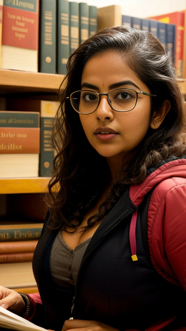 extreme closeup photo of ntg avika gor seductive look, deep cleavage, studying in library, nerd glasses, open jacket,