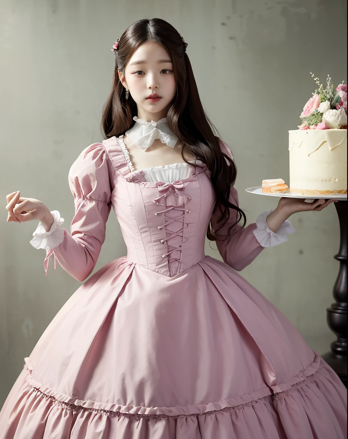 Portrait of Wonyoung in a Victorian beautiful and elegant dress based on Marie Antionette style, she’s has a slice of cake in her left hand and is looking at the cámara, there is a Victorian background and cake everywhere. All pastel color scheme. High quality.