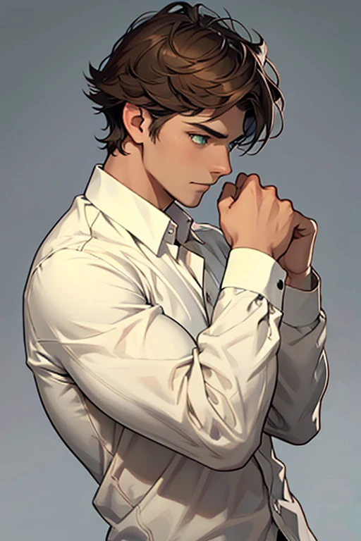 a handsome man with emerald eyes, short brown hair, contemplating expression, wearing a white long sleeve shirt, sweet pose, no background, side view