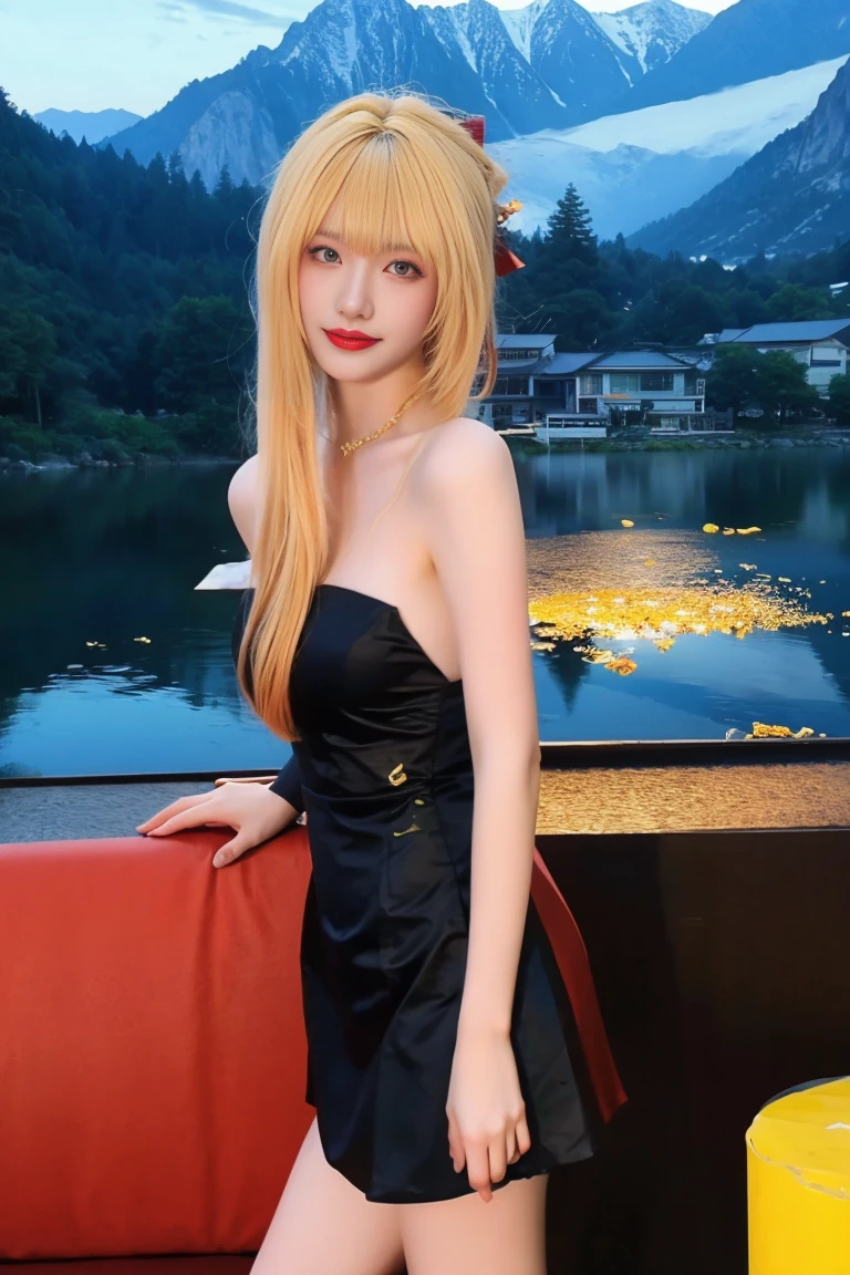  best quality, tmasterpiece,Ultra-high resolution,Clear face,（Reality：1.4），ferpect lighting，(upper body shot), (photorealistic:1.50), anime wallpaper, Guviz style artwork, cover-up fantasy up to magic , by Yang J, Guviz, beautiful artwork illustration, beautiful digital artwork, beautiful digital illustration, Li Song, beautiful anime portrait, art style in Beauvot,1girl, solo, long hair, blonde hair, Ponytail hair, Hair ribbon, Bangs, hair ornament, black dress, short dress, Thigh, standing,
