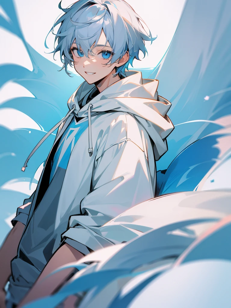 youtuber gray hair light blue eyes boy smile white hoodie