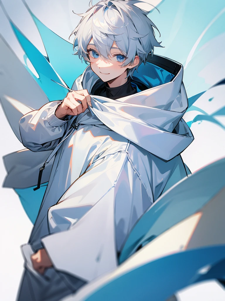 youtuber　gray hair　light blue eyes　boy　smile　white hoodie