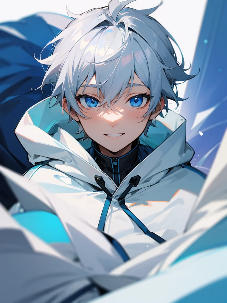youtuber gray hair light blue eyes boy smile white hoodie