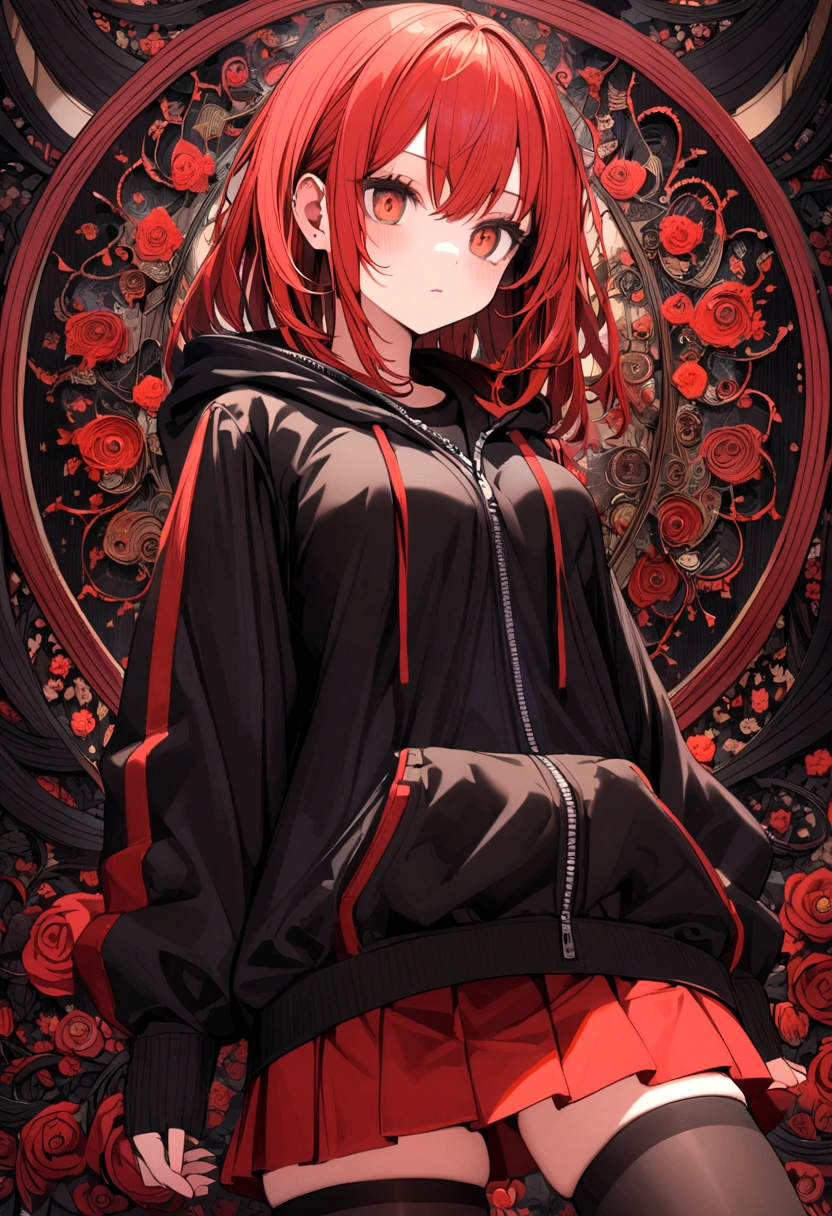 A girl with a red skirt with a second under skirt in black red stockings with the top black zip up hoody in red with a black undershirt red hair and eyes