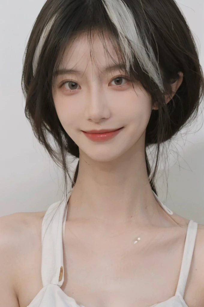 Beautiful woman with perfect figure:1.4,Ultra-high resolution,Blink,White background,(lifelike:1.4),Layered Hairstyle,Big breasts,Prominent cleavage,Lovely smile,White skin,Bikini:1.5,Super short pleated skirt,whole body,Very delicate face and skin texture,Double eyelids,Skin Whitening,short hair,White hair