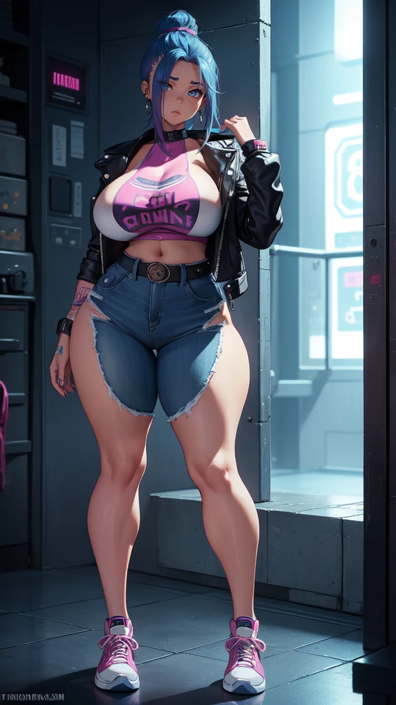 (blank background), (((full body framing))), standing, (masterpiece), (best quality), huge girl, (muscular girl:0.8), (thin hair:1.7), (long blue jeans), massive breast, hair over one eye:1.4, sport bra, fuchsia hair, belt under navel, sneakers, ((long legs:1.6)), rock band shirt, cute:1.8, adorable:1.8, leather jacket,, cyberpunk girl, ear piercings, earrings, tatoo, (very curvy:1.3), 1girl, solo, (curvy:1.4)