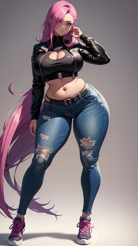 (blank background), (((full body framing))), standing, (masterpiece), (best quality), huge girl, (muscular girl:0.8), (thin hair:1.7), (long blue jeans), massive breast, hair over one eye:1.4, sport bra, fuchsia hair, belt under navel, sneakers, ((long legs:1.6)), rock band shirt, cute:1.8, adorable:1.8, leather jacket,, cyberpunk girl, ear piercings, earrings, tatoo, (very curvy:1.3), 1girl, solo, (curvy:1.4)