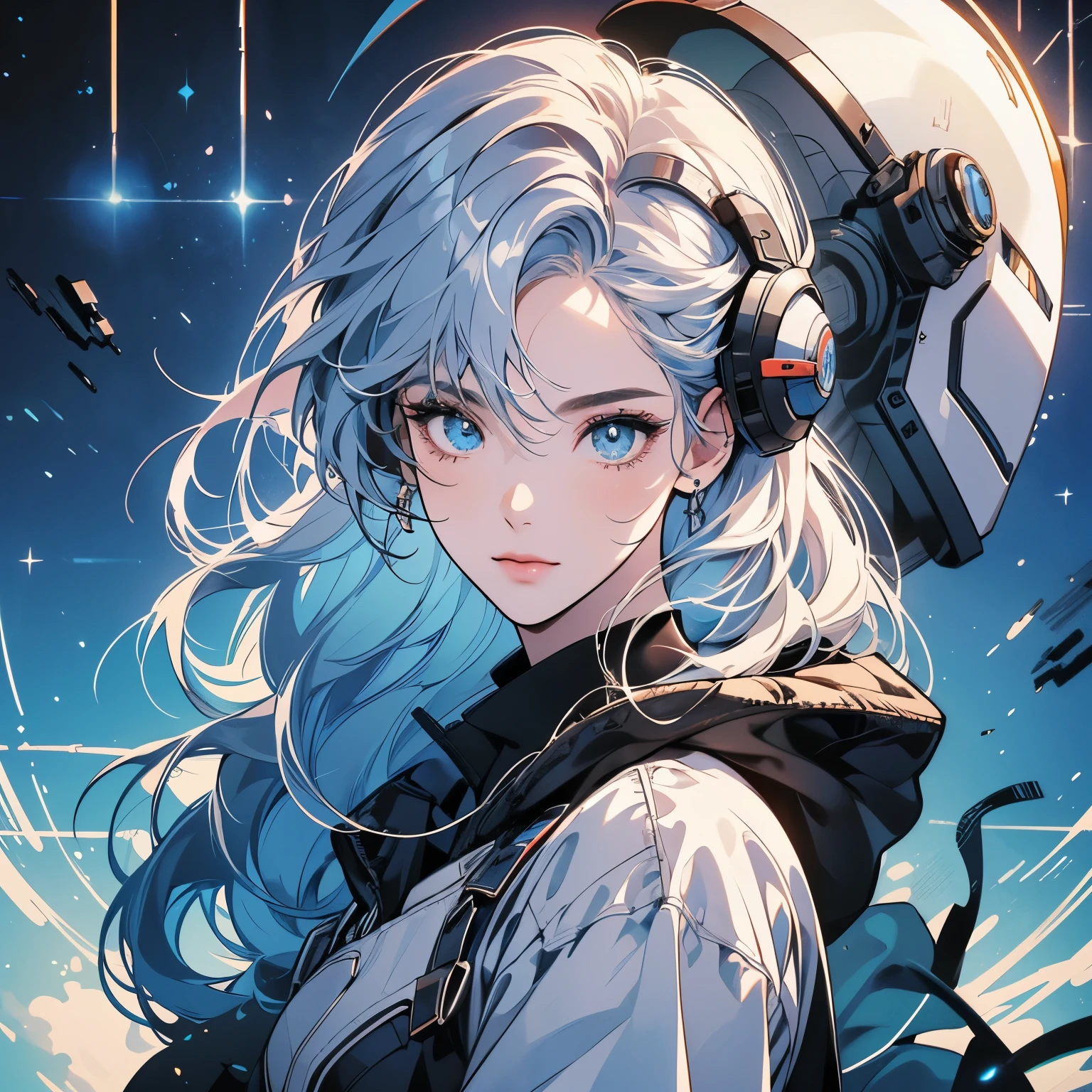 One beautiful woman, inside a spaceship, perfect machine, spacesuit, looking at camera, perfect face, zero gravity, outer space, lots of wires, switchboard, perfect and detailed machine, robot, detailed hair, (((Various angles))), pit, upper body shot, most beautiful woman alive, head shot , Super detailed background, top quality, Unique and beautiful eyes, Various unique hairstyles, Ghost in the Shell, Long shot, Panorama, (((Various eye color))), Various hair color, sparkling eyes,Outer space in the background, Unique and perfect face, Pale Lighting, shoot from above, (((Ultra-detailed mechanical helmets))), Gradient hair color, Movie Poster