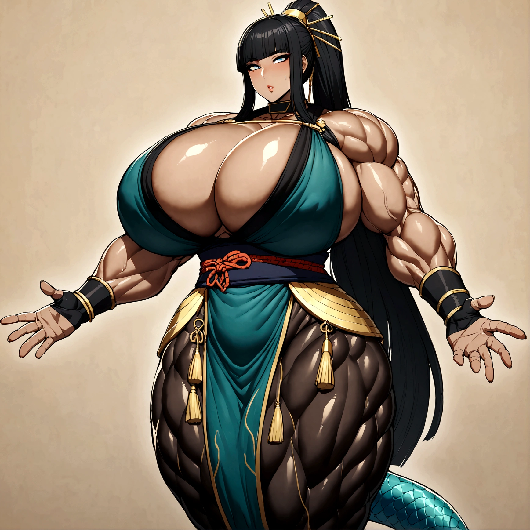 Cleopatra with extreme muscular body, gigantic muscular arms, gigantic muscular tights, samurai outfit, ninja mask, mermaid body, fair skin, black hair with ponytail and gigantic breasts.