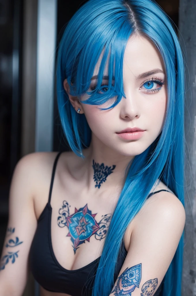 European girl portrait,alone,23 years old,Sexy face,Upper Body,Sexy Outfits、Hair on one eye,Medium Sidecut, Blue Hair, Sharp focus,Blue eyes、creation、Neck tattoo