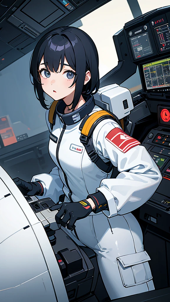 Girl、Asian、White pilot suit、In the cockpit、Grip the control stick、Black Hair、Shortcuts、