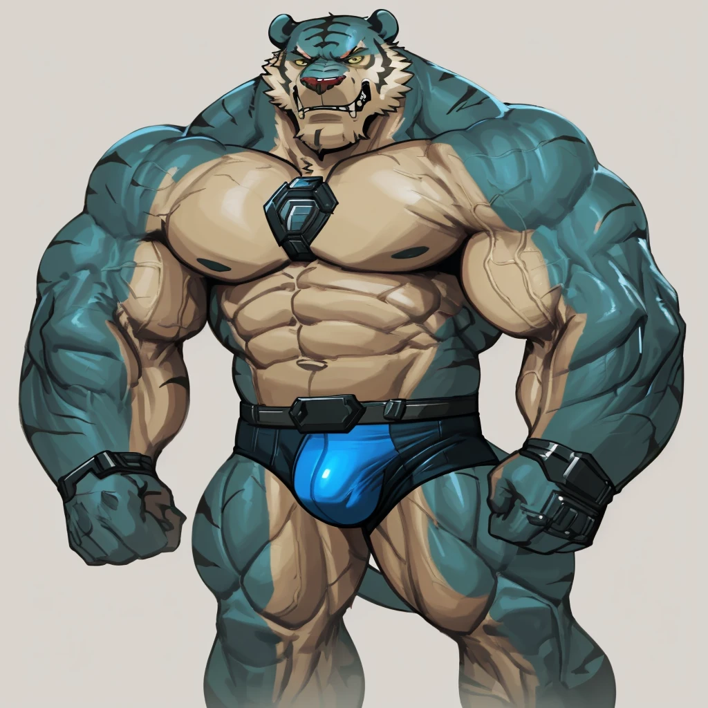 Thick huge muscular Grizzly bear as the thing from the fantastic four marvel comics with blue competitive briefs, furry anthropomorphic art style