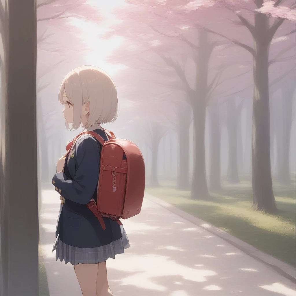 score_9, score_8_superior, score_7_superior, score_6_superior,  Source Anime,
One girl, Haibara, walking, School blazer, skirt, school bag, Backpack, From the side, View your viewers, School, Cherry Blossom Road
 