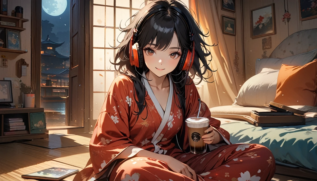 ((8k of extremely detailed CG unit, Masterpiece, high resolution, highest quality, highest quality real texture skin)), (((Japanese patterned pajamas))), (((Cute room))), (((Japanese style headphones))), (((iced coffee))), (((Smiling and listening to music))), ((1 girl)), (Black hair, messy hair, beige skin), (Surreal, digital painting), (((Warm lighting))), (((moonlight)))