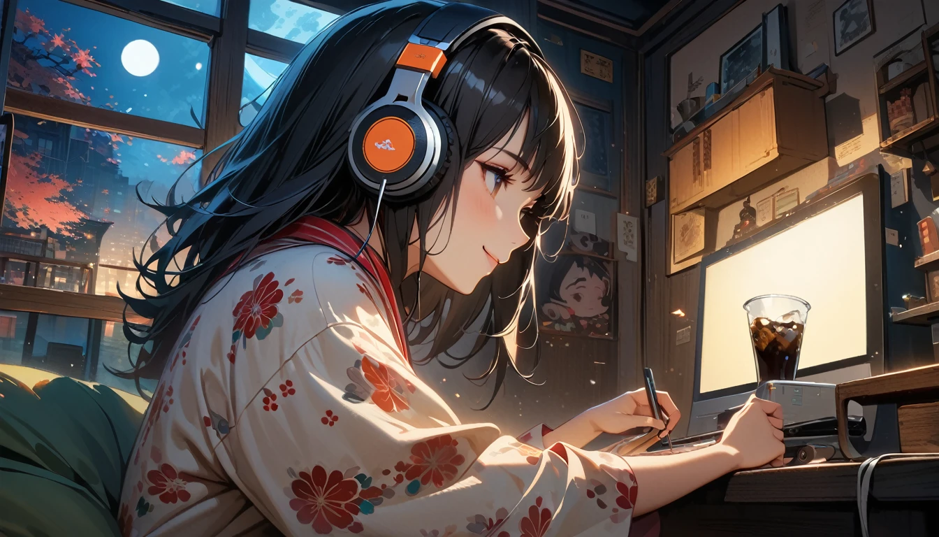 ((8k of extremely detailed CG unit, Masterpiece, high resolution, highest quality, highest quality real texture skin)), (((Japanese patterned pajamas))), (((Cute room))), (((Japanese style headphones))), (((iced coffee))), (((Smiling and listening to music))), ((1 girl)), (Black hair, messy hair, beige skin), (Surreal, digital painting), (((Warm lighting))), (((moonlight)))