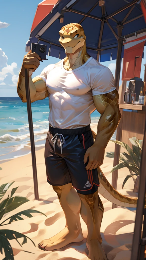 A male furry viper is white and is on the beach as they are taking a photo of it. In the photo he appears in full body and wearing a muscular shirt as well as some shorts.