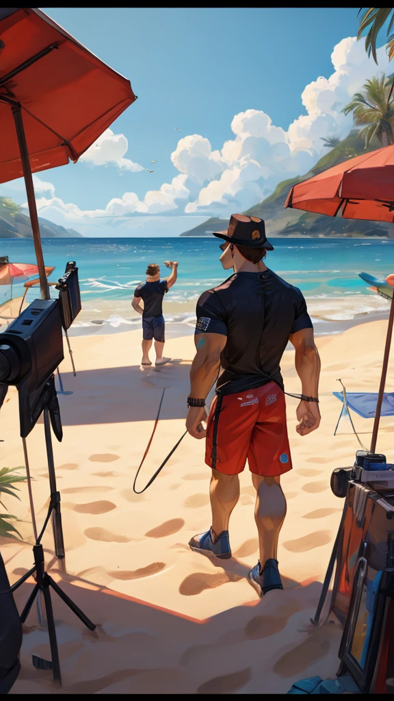 A male furry viper is white and is on the beach as they are taking a photo of it. In the photo he appears in full body and wearing a muscular shirt as well as some shorts.