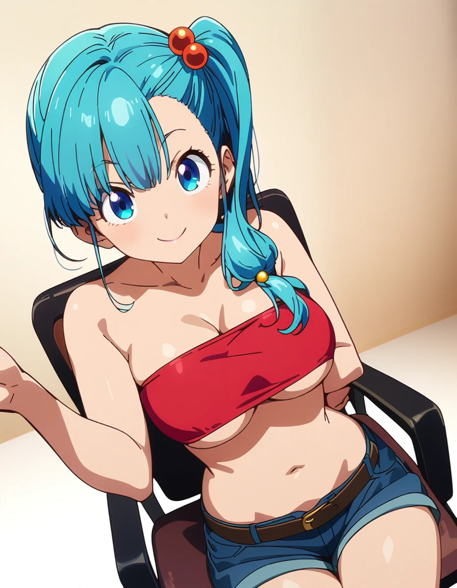 score_9, score_8_up, score_7_up, BREAK from above:1.5 ,,(girl sit on chair,on your back),(selfie),1girl,bulma, blue eyes, blue hair,bare shoulders, belt, cleavage, hair bobbles, hair ornament, hair over shoulder,large breast,midriff, navel, one side up, red tube top, shorts, side ponytail, (strapless, tube top,under_boob:1.2),looking at viewer,facial expression,sharp eye,smile,masterpiece, best quality,  detailed body, highly detailed, anime coloring.anime,[anime_screencap:0.8] , highly detailed,