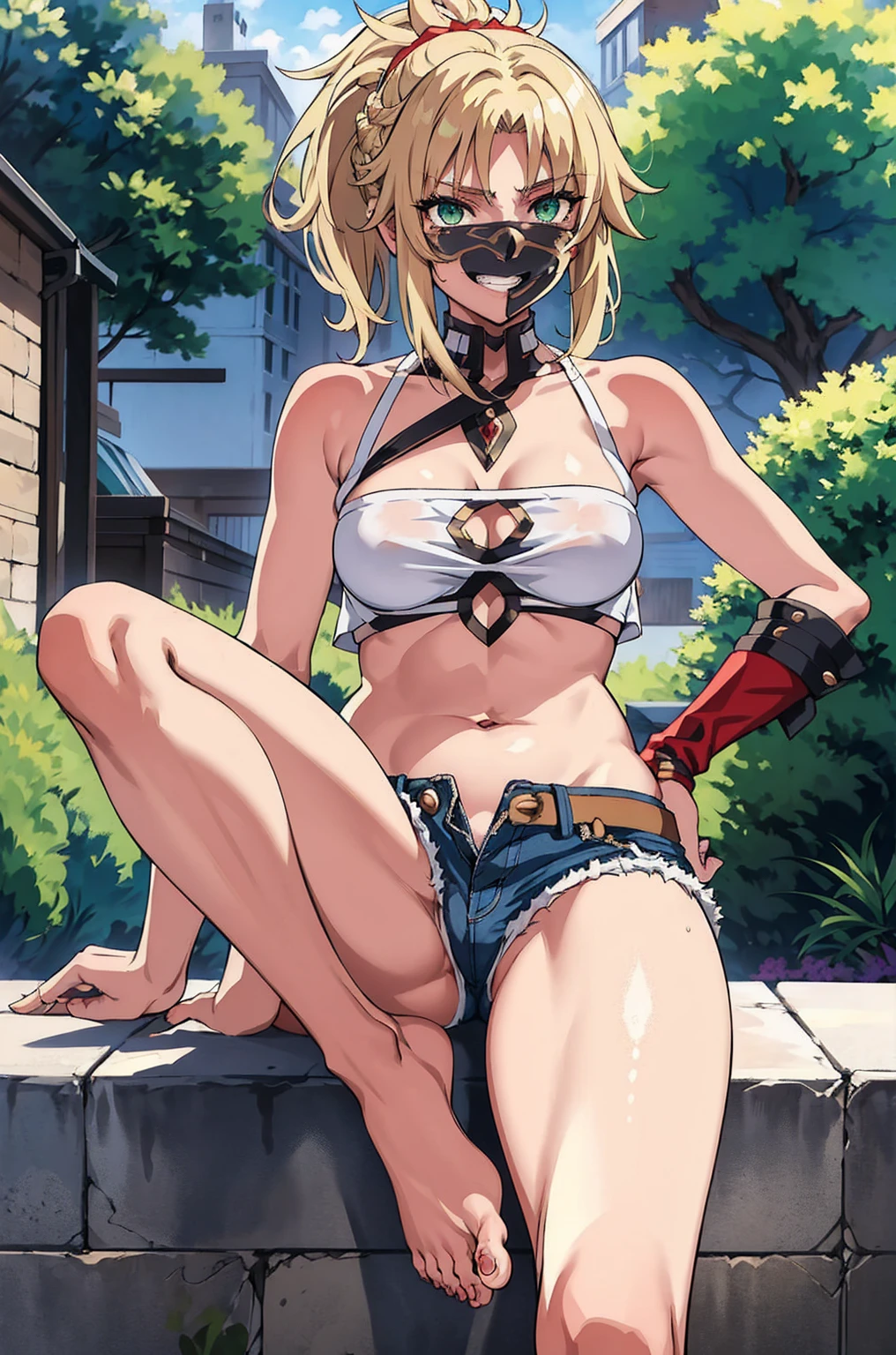 masterpiece, Highest quality, shape, City Street, One Girl, Mordred \(destiny\), Cowboy Shot, clavicle, Detailed blonde hair ponytail braid, Green Eyes, White short blouse, Denim shorts,belly button,Up to the thighs,Grin, Covered_Pussy,skin,Beautiful feet,Beautiful Hands,Please put your feet up,