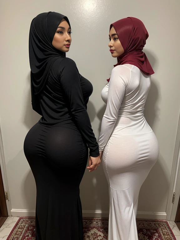 (2girls:1.2),(double exposure), back view, (full body), in a private chamber, two gorgeous matured teachers (stood side by side) behind white wall,((35 year old)), ((malay women)), curvy fit body shape, bigger ass, gluteal,busty, huge thighs, (both wore fitted white long sleeves baju kurung),((black hijabs)), private room, arabic caligraphy, pov, skin texture, ultra high res, RAW, instagram LUT, masterpiece, best quality, ultra-detailed, ultra high resolution, RAW, 4k, (looking at viewer), extremely detailed eyes and face, (beautiful detailed nose), (beautiful detailed thigh), (beautiful detailed eyes), perfect body proportion, (looking at viewer), smirk, red lips,ceramic floor, (black hijabs)