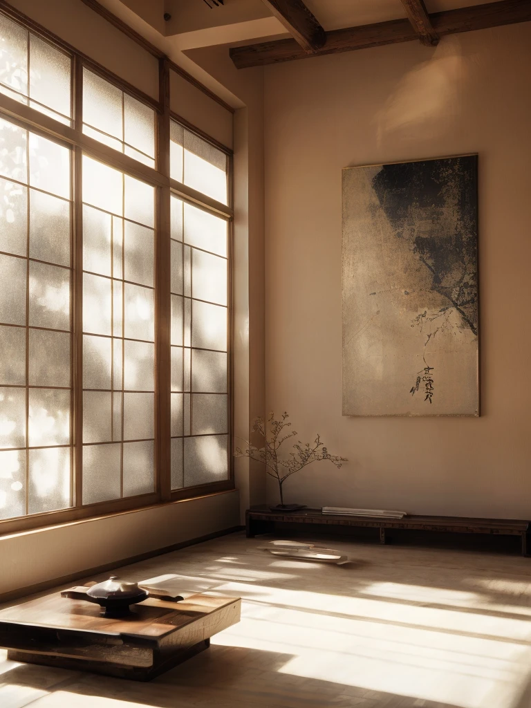 There is a room，There is a table and a window inside，There is a painting on it, Hashiguchi Goyo (Goyō Hashiguchi) of inspiration, Inspired by Mitsunobu Kano, Inspired by the Kanada Heart, japanese inspired, with japanese inspired, modern japanese living room, Inspired by Dongyang Sesshu, Japanese style