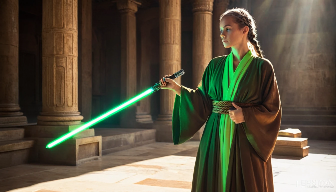 A Jedi acolyte standing in an ancient temple, com a luz do sol entrando pelas vitrais e iluminando seu rosto. She holds a green lightsaber in one hand and an ancient book in the other.. She is dressed in a simple brown robe and has her hair braided.. (Estilo realista, dramatic lighting, cores vibrantes, Centralized composition)